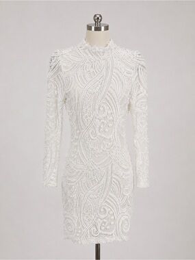 Elegant White Long-Sleeve Sequined Lace Dress